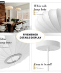 Upgrade Your Space with This Epic 20 Inch White Bubble Saucer Lantern Pendant Light Featuring Imitation Silk Shade and Sturdy Metal Frame for Modern Farmhouse Living Room Bedroom Decor Vibe Check Passed – white silk lamp body and details display.