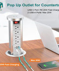 Pop Up Power Outlet With Wireless Charging Station on countertop, showing three AC plugs, two USB ports, in use with charging cables.