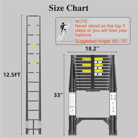 Heavy Duty Aluminum Telescoping Ladder 12.5 Ft Extension Ladder 330 Lb Load Black With Auto Lock Pins Anti Slip Rungs Textured Steps For Rock Solid Stability And Easy Safe Reach. Size chart and folded dimensions shown.
