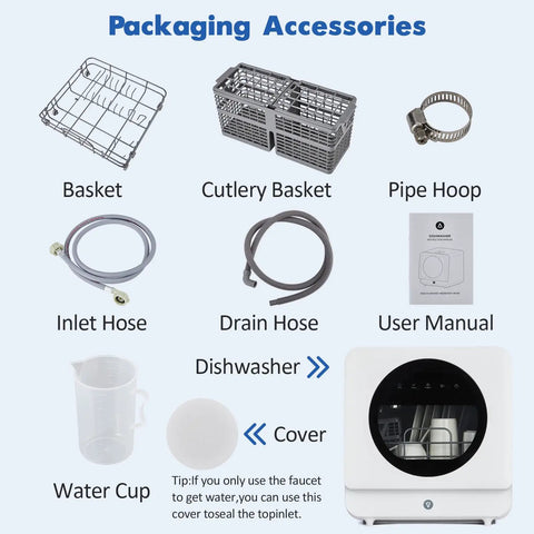 No Sweat Setup Portable Countertop Dishwasher With Five Liter Tank And Faucet Hose Six Wash Programs Compact Drying Rack accessories.