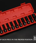 Open red case displaying Three Eighths Inch Drive Deep Universal Impact Socket Set 6 Point Metric Chrome Molybdenum Steel.