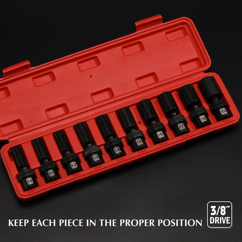 Open red case displaying Three Eighths Inch Drive Deep Universal Impact Socket Set 6 Point Metric Chrome Molybdenum Steel.