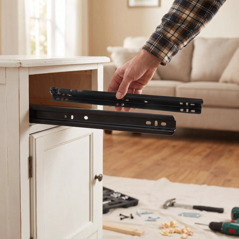 Heavy Duty Soft Close Bottom Mount Drawer Slides For Cabinets being installed in a white cabinet by a DIY enthusiast.