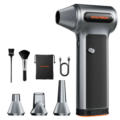 Cordless Air Duster With Removable Battery And Four Nozzles For Deep Cleaning On Computers Cars Windows Home And Outdoor Use Three Speed Adjustable Mini Blower Go To Keyboard Cleaning And Dust Removal, shown with accessories.