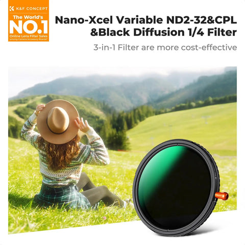 82mm Dope Diffusion Mist Filter With ND Quarter And Variable ND Two To Thirty Two Stops One To Five Plus Circular Polarizer CPL For Camera Lenses Nano X Series 28 Multi Coated Pro Grade All In One HD Filter product on grassy hillside