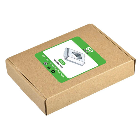 60 Pack M8 T Slot Nuts Carbon Steel Nickel Plated Tee Slider Blocks For 3030 Aluminum Extrusion Profiles packaging box with label