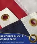 Brass grommets on the Heavy Duty Outdoor US Flag 2.5x4 Ft with Embroidered Stars and Sewn Stripes, durable and weatherproof seams