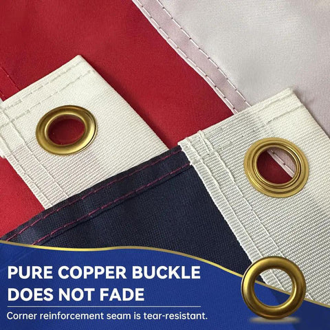 Brass grommets on the Heavy Duty Outdoor US Flag 2.5x4 Ft with Embroidered Stars and Sewn Stripes, durable and weatherproof seams