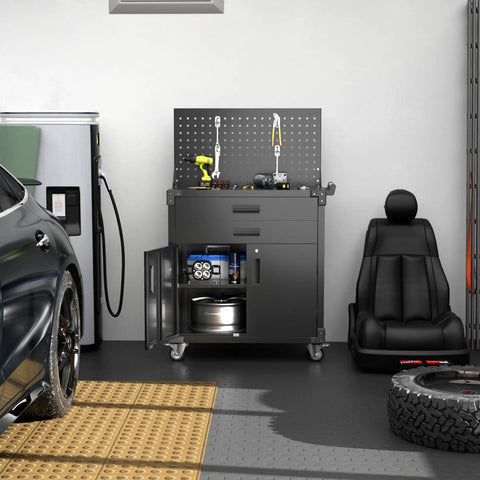 Heavy Duty Black Tool Cart On Wheels With Pegboard And 4 Hooks in garage beside tools and a spare tire
