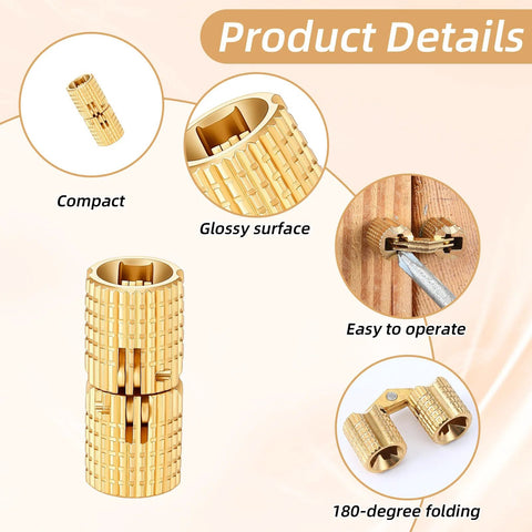 Hidden Brass Barrel Hinges Set For DIY Jewelry Boxes And Furniture 6 Pack 8mm Concealed Hinges With 180 Degree Opening For Slick Doors And Craft Projects By XLIUAX showing compact, glossy surface, easy operation, and 180-degree folding features.