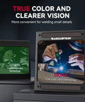 Comparison of true color lens technology in Auto Darkening Welding Helmet With Huge 3.94 By 3.66 Inch Viewing Screen True Color Hood Four Arc Sensors Solar Powered Workhorse Performance With Shade Range 4 To 13 Pro Grade ARC TIG MIG Welding Helmet For Pros