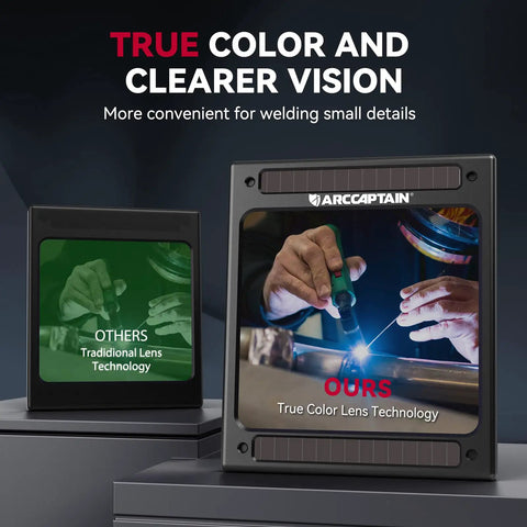 Comparison of true color lens technology in Auto Darkening Welding Helmet With Huge 3.94 By 3.66 Inch Viewing Screen True Color Hood Four Arc Sensors Solar Powered Workhorse Performance With Shade Range 4 To 13 Pro Grade ARC TIG MIG Welding Helmet For Pros