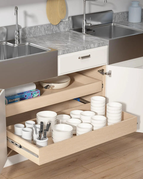 14 Inch Side Mount Soft Close Drawer Slides Set With 5 Pairs Heavy Duty Full Extension, Tough As Nails Built To Last Metal Ball Bearing Runners, Quiet Self Closing Dresser Glides, Mounting Brackets Included, 100 Pound Capacity installed in open kitchen drawer