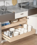 Heavy Duty Full Extension Side Mount Drawer Slides 22 Inch Soft Close Cabinet Runners With Brackets under kitchen sink with dishes.