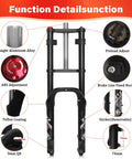 Fat Tire Front Fork With Oil Spring Suspension, 180mm Travel, 26x4.0, showing double crown, 9mm QR and function details