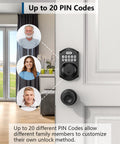 Front view of a matte black TEEHO TE001 keyless entry door lock with keypad installed on a front door