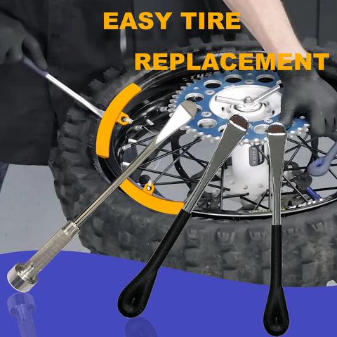 All In One Dirt Bike Tire Change Kit for 16 to 21 inch wheels with 15mm 17mm 20mm 25mm axle shafts and tire irons shown