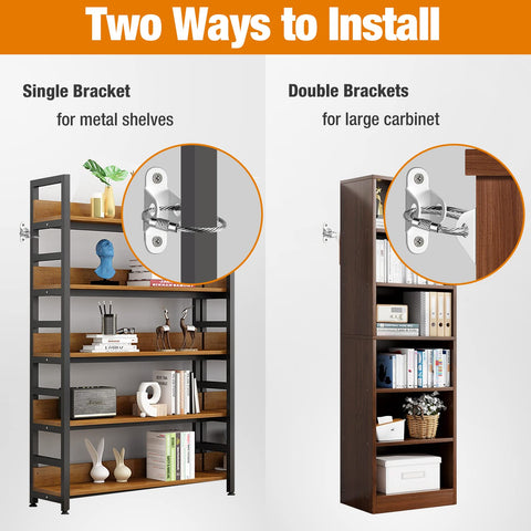 Two types of anti tip furniture anchors for metal shelves and cabinets, displaying installation methods, part of Anti Tip Furniture Anchors 10 Pack For Baby Proofing And Home Safety Wall Straps To Secure Dresser And Heavy Furniture To Wall For Earthquake Safety And Kidproof Easy Install White.