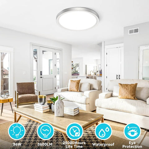 16 Inch Flush Mount LED Ceiling Light Fixture With Adjustable Color Temperature 3000K 4000K 6500K 36W 3200lm Brushed Nickel