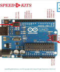 Top Shelf Electronics Learning Kit For Absolute Beginners With Straight Up Step By Step Guides Featuring Compatible Sensor Modules And Robot Tools To Fast Track Your Maker Projects - Arduino Uno REV3 board with labeled pins.