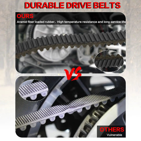 Comparison of heavy duty CVT drive belt for RZR XP 900 1000 XP4 General with other belt, showing durability and design details.