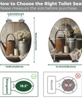 Image showing measurements for Elongated Toilet Seat Farmhouse, featuring flowers and a watering can with size details.
