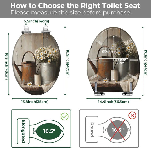 Image showing measurements for Elongated Toilet Seat Farmhouse, featuring flowers and a watering can with size details.