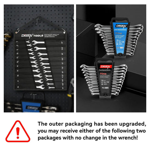 Ratcheting Wrenches Set Twenty Two Piece With SAE And Metric Wrenches displayed in two packaging styles