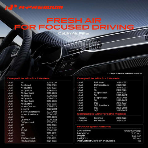 Activated Carbon Cabin Air Filter For Audi and Porsche models list and dashboard view