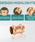 30 Pack Copper Press Fittings With Stop 1 1/4 By 1 1/4 Inch Pipe Coupling Connectors design highlights showing integrated seal and flange.