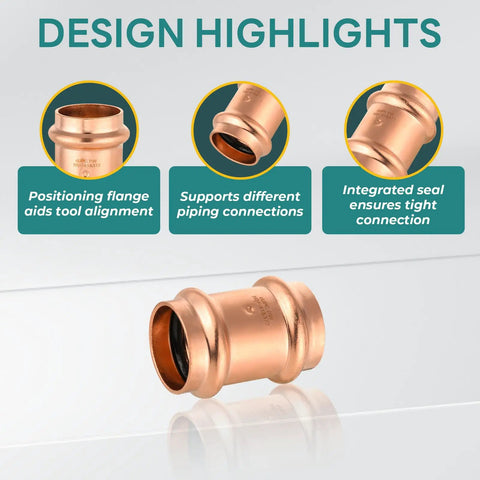 30 Pack Copper Press Fittings With Stop 1 1/4 By 1 1/4 Inch Pipe Coupling Connectors design highlights showing integrated seal and flange.