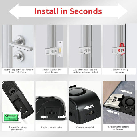 Installation steps for Dual Protection Door Lock Alarm Kit For Travel And Home Use On The Go Security With Two Size Lock Holes