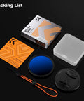 52mm Variable ND Filter For Cameras With 1 To 9 Stops Light Reduction Ultra Slim Profile 18 Layer Coatings To Cut Glare Includes Cap And Cleaning Cloth Ideal For Travel Video And Portraits ND2 Through ND400 Range packing list with filter, cap, case, and cleaning cloth