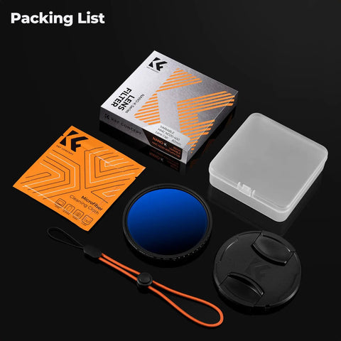 52mm Variable ND Filter For Cameras With 1 To 9 Stops Light Reduction Ultra Slim Profile 18 Layer Coatings To Cut Glare Includes Cap And Cleaning Cloth Ideal For Travel Video And Portraits ND2 Through ND400 Range packing list with filter, cap, case, and cleaning cloth