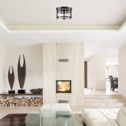 Three Light Rustic Modern Flush Mount Ceiling Light In Dark Bronze With Brass Details And Clear Glass Shade E26 Base in living room