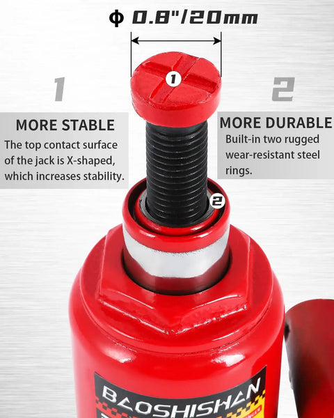 Close-up of 3 Ton Double Ram Bottle Jack With Extended Lift Range From 6.5 To 16.5 Inches, showing steel rings and X-shaped top.