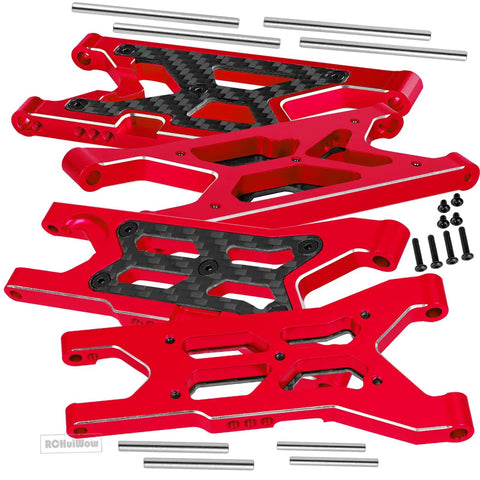 Aluminum Front And Rear A Arms Upgrade Kit For One Tenth Scale Senton 3S BLX Mega 550 Granite 3S BLX Mega 550 Vorteks 3S BLX And Big Rock 3S BLX RC Trucks 4 Pcs Replace AR330443 AR330516 Red, shown with four red A arms with metal rods and screws