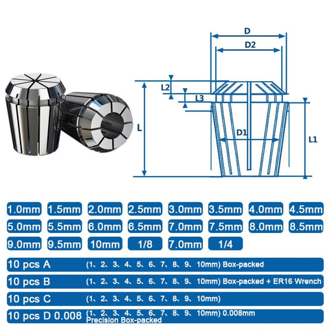 Heavy Duty ER16 Spring Collet Chuck 1 To 10mm And Inch Sets Fits CNC Engraving Machines, showing size dimensions and packaging details.