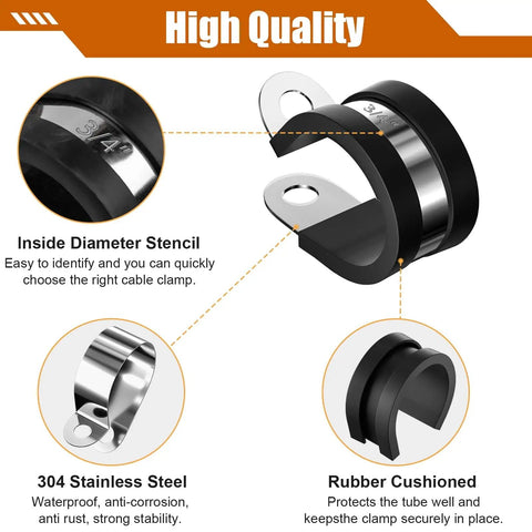 Diagram of 80 Piece Cable Clamp Kit with 7 sizes in 304 stainless steel rubber cushioned metal clamps for 1/4 to 1-inch cables