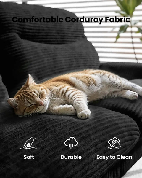 Cat sleeping on black 66 Inch Convertible Futon Sofa Bed With Corduroy Upholstery, showcasing soft and durable fabric