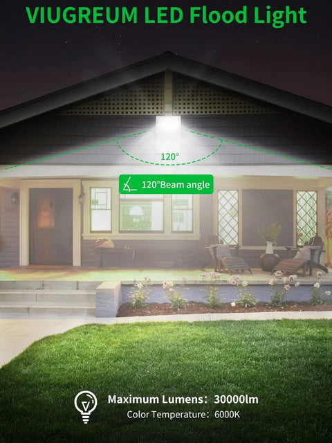 Beastly Bright 300W LED Flood Light 24000LM 6000K Daylight White illuminating house exterior with 120-degree beam angle