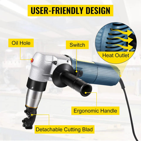 Electric Metal Nibbler 625W Cutter with labels pointing to oil hole, switch, heat outlet, ergonomic handle, and detachable blade.