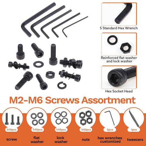 All In One 2160 Piece Metric Screw Kit With M2 To M6 Bolts Nuts Washers showing hex wrenches and assorted screws