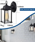 2 Pack Dusk To Dawn Outdoor Wall Mount Light Fixtures with clear glass in black finish on brick wall with dimensions shown