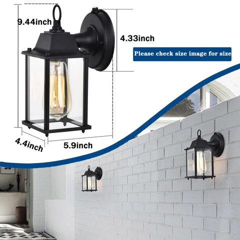 2 Pack Dusk To Dawn Outdoor Wall Mount Light Fixtures with clear glass in black finish on brick wall with dimensions shown