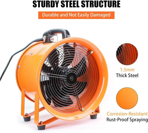 8-Inch High-Velocity Portable Blower Fan With 33-Foot Flexible Duct Hose Heavy-Duty Industrial Exhaust Ventilator in orange metal