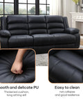 Faux Leather Manual Reclining Sofa With Hidden Cup Holders, 3 Seat Overstuffed Armrests, Black in living room setting