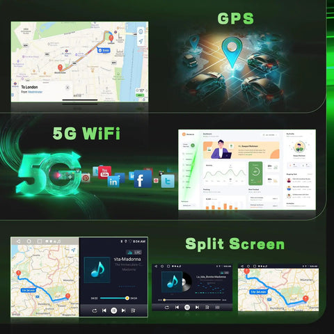 Visual interface features of Hyundai Elantra 2011 2012 2013 Android Car Stereo With 9 Inch Touch Screen, including GPS, 5G WiFi, split screen.