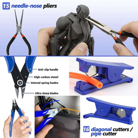 Needle-nose pliers and cutters from All In One 262 PC 3D Printer Tool Set With Tool Bag For Removal Trimming Finishing Sanding Cleaning.