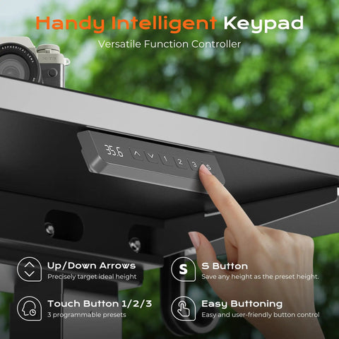 Huuger Dual Motor Electric Standing Desk Frame Black showing intelligent keypad for height control and preset functions.